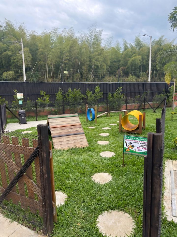 Parque cercado para perros con obstáculos de agilidad